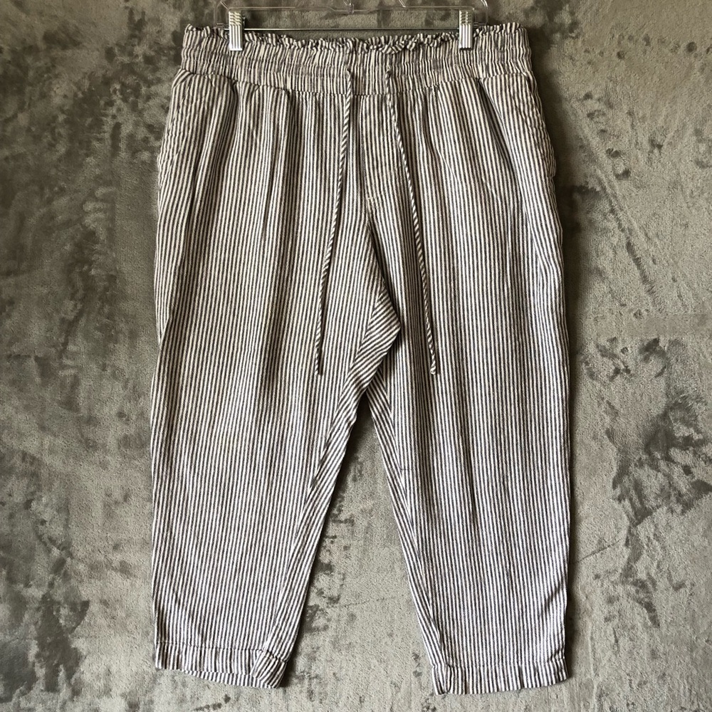 Women Tapered Linen Blend Pull On Pants Paperbag Waist XXL Striped Summer Casual